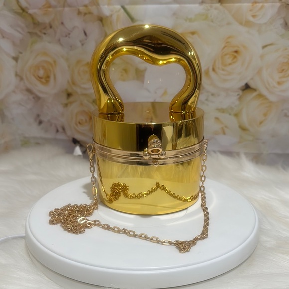 Gold Metallic Clutch with Unique Padlock Design - Picture 1 of 5